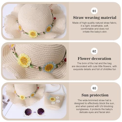 Nievajio 3 Pieces Girls Sun Hat and Straw Knitting Bag, Kids Sun Protection Set, Summer Sun Hat with Flower Decoration for Tourism, Holiday, Travel, Beach, Outdoor Activities — view 3