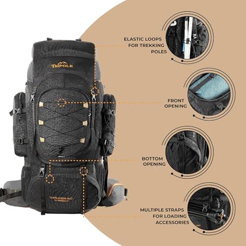 Tripole Walker Pro 80L Hiking Backpack with Laptop Compartment – Waterproof Travel Rucksack for Women and Men with Internal Frame & Rain Cover, 17” Laptop Section, Black — view 3