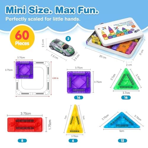 Zippytoys Travel Magnetic Tiles – 60PCS 3D Mini Magnetic Tiles Building Blocks with Mini Cars for Kids– Strong Magnets Portable STEM Montessori Educational Toy with Metal Storage Tin for Boys Girls 3+ — view 2
