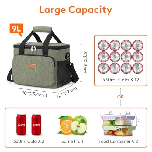 Lifewit Lunch Bag 9L 12 Can Insulated Lunch Box Soft Cooler Cooling Tote for Adult Men Women, Dark Green — view 3