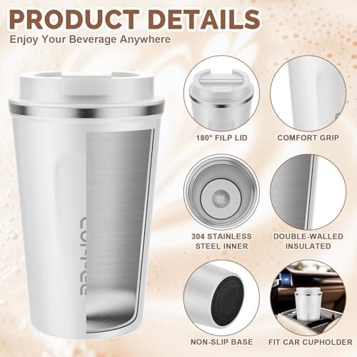 MOMSIV White Coffee Cup, Vacuum Reusable Leakproof Double Wall Coffee Cup, Insulation Stainless Steel Eco-Friendly Travel Office Mug for Hot Coffee Tea and Cold Drinks, 13oz/380ml — view 6