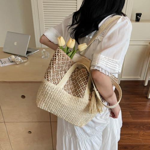 Aucuu Straw Beach Tote Bag Women, Straw Woven Beach Shoulder Bags, Handwoven Straw Handbag with Zipper, Straw Handbags for Women, Summer Beach Bag Tote Bag for Holiday Travel Pool Daily — view 3