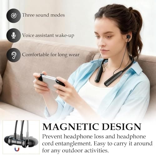 Poeloisy Neckband Bluetooth headphones 5.3 Wireless with Mic, 100H Playtime — view 5