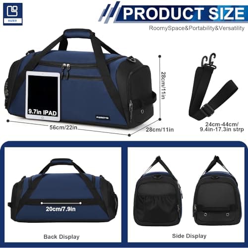 FIORETTO 45L Mens Sports Gym Bag with Wet Pocket & Shoe Compartment, Travel Duffle Bag Overnight Bag with Padded Shoulder Strap, Water-Resistant Holdall for Swimming, Basketball, Football Navy — view 2