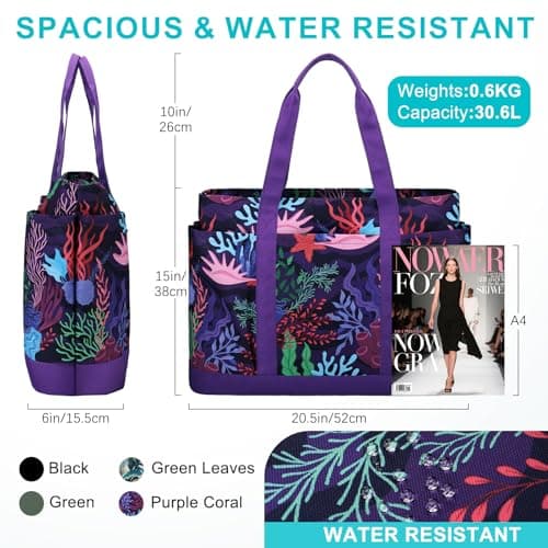 VASCHY Large Beach Bag with Zip, 30L Oversized Utility Travel Tote Bags for Women Waterproof Sandproof Summer Bag with Wet bag Foldable Handbag for Holiday Pool Gym Shopping Purple Coral — view 3