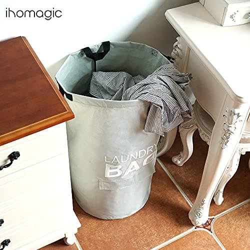 IHOMAGIC 71L Hanging Laundry Hamper Backpack with Adjustable Shoulder Straps, Foldable Laundry Basket with Handle and Pocket - Dirty Clothes Storage Bag for Travel, Laundromat, Apartment (Beige) — view 5