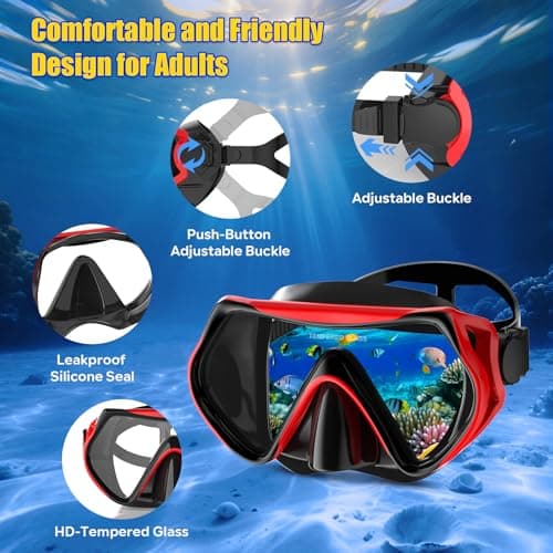 MELUMILU Snorkel Set, Snorkel Mask 180° Panoramic Wide View, Anti-Fog Scuba Diving Gear, Professional Swim Goggles for Free Breathing, Swim, Diving, (Black Red) — view 2