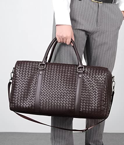 Leather Travel Duffle Bag for Men, Woven Carry On Weekender Overnight Bags for Business Sports Gym Brown — view 5