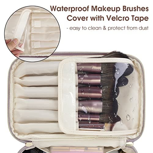 Travel Makeup Bag, Large PU Leather Cosmetic Case with Brush Compartment, Purple — view 2