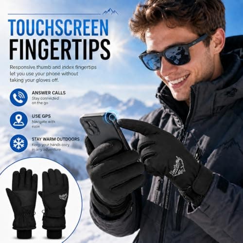 Fjquamitix Mens Womens Thermal Ski Gloves Touchscreen (Black, L) — view 3