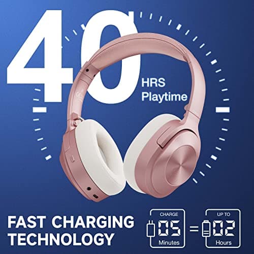 Active Noise Cancelling Headphones, Over Ear Wireless Bluetooth Headphones, Hi-Res Audio, Deep Bass Memory Foam Ear Cups, 40H Playtime for Travel Home Office (Pink) — view 2