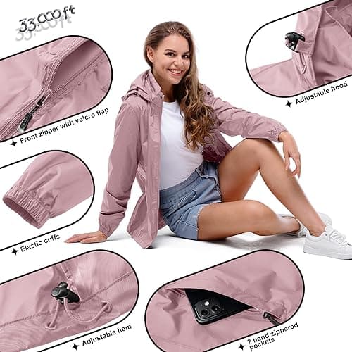 33,000ft Women's Lightweight Rain Jackets Hooded Breathable Packable Running Raincoats Active Trench Windbreaker with Hideaway Hood for Cycling Hiking (Dried Rose-L/UK 14) — view 5