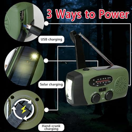 2000mAh Wind Up Solar Radio, Emergency Portable Hand Crank Weather Radio, Rechargeable Power Bank, 2 mode LED torch with SOS Alarm LED Flashlight, USB Phone Charger, for emergencies, camping (green) — view 5