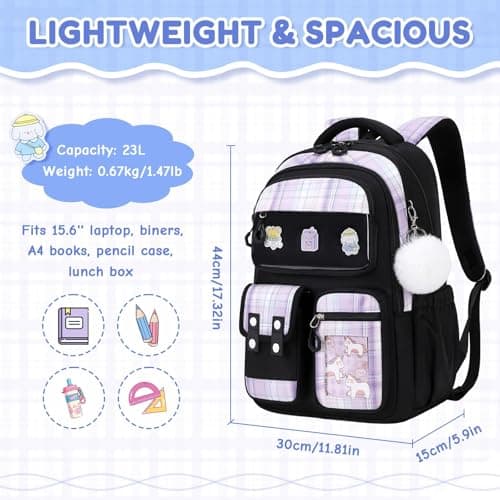 QIXIHU Girls School Backpack, Cute Kawaii Kids Rucksack for Primary School Students, Water Resistant Bookbag with Cartoon Pins & Pom Pom, Travel Bag with Luggage Strap — view 3
