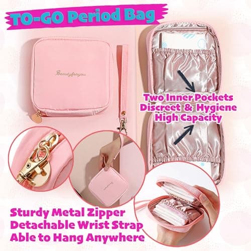 First Period kit for Girls | 22 PC Period Packs for Young Girls First Time | First Period Gift for Teen Girls with Sanitary Pad Storage Bag, Wipes, Bracelet, Eye Mask, Socks and More (Pink) — view 3