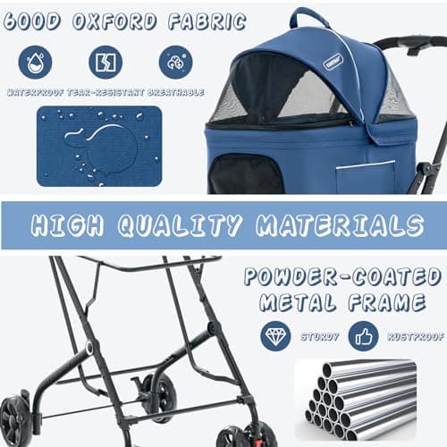 Maxmass 3 in 1 Pet Stroller, Folding Dogs Travel Carrier with Wheels, Safety Belt, Side Pockets, Breathable Mesh & Removable Pad, Pet Travel Cart for Dogs Cats (Blue) — view 3