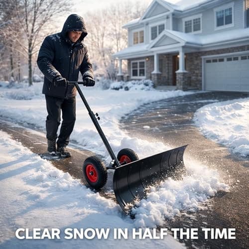 Adjustable Snow Shovel with Wheels Height Handle Multi-Angle Snow Pusher Blade for Driveways, Sidewalks, Garden Paths, Patios and Outdoor Snow Clearing – Heavy Duty Winter Snow Removal Tool (Black) — view 2