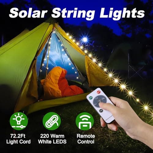 SMY Lighting 4 in 1 Solar Camping String Lights, 72.2Ft Ultra Long String with 220LEDs, Solar Powered and USB Rechargeable Light with Remote Control, Portable Camping Light for Hiking, Decorations — view 2
