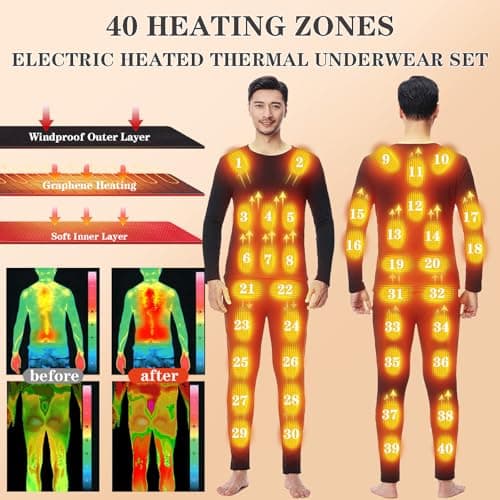 TOVCHEI Heated Thermal Underwear for Men 40 Heating Zones APP Control Electric Heated Base Layer Top & Bottom,Black,S — view 2