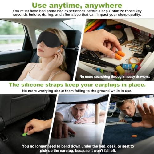 3D Contoured Sleep Mask with Earplug Retainer Cord,100% Pressure-Free & Total Light Blocking Eye Mask with Adjustable Strap. Ideal for Sleep Earplug User, Airplane Travel, Meditation Green — view 3