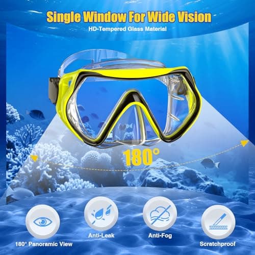 MELUMILU Snorkel Set, Snorkel Mask 180° Panoramic Wide View, Anti-Fog Scuba Diving Gear, Professional Swim Goggles for Free Breathing, Swim, Diving, (Clear Yellow) — view 3