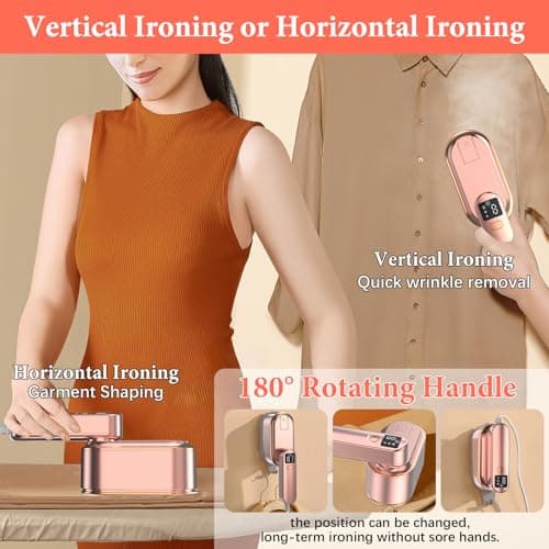 Steam Iron Travel Steamer with LCD Screen, 10S Fast Heat-up 2000W Steamer Clothing with 180° Rotatable Handle, Portable Handheld Clothes Steamer, 3 Steam Levels for Travel, Home, Office (Rose Gold) — view 4
