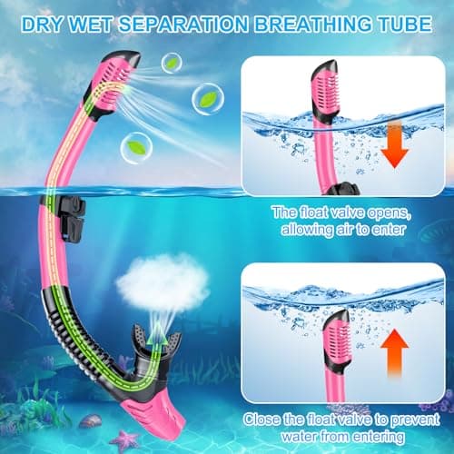 Snorkel Set Adults, Scuba Snorkelling Packages with Anti-Fog Panoramic View Swimming Goggles,Dry Snorkel Set Suitable for Snorkeling Diving Swimming (Pink) — view 4