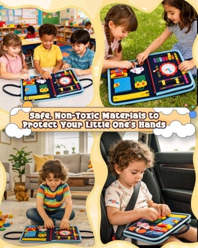 BZGG 4-Page Busy Board & Busy Book Montessori Toy, Sensory Activity Board for Fine Motor Skills, Travel Toy for Car Plane, Gift for Toddlers Boys Girls (Bule) — view 6