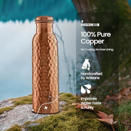 100% Copper Water Bottle - 34 oz Extra Large - Hammered Finish Pure Copper Water Bottle for Drinking - Handcrafted Ayurvedic Leak-Proof Vessel for Healthy Hydration - Premium Ocean Blue Gift Box — view 2
