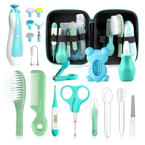 Baby Healthcare and Grooming Kit, 26 in 1 Portable Baby Safety Care Set with Hair Brush Comb Nasal Aspirator Electric Nail Trimmer Set Baby Essentials kit for Newborn Boys Girls (Green 26 in 1)