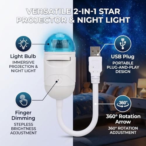 Zunate Star Projector Mini LED Night Light with 3 Projection Slides, 360 Degree Rotation, USB Powered, Stepless Dimmable, Adjustable Brightness Wall Lamp for Kids Bedroom, Camping, and — view 3
