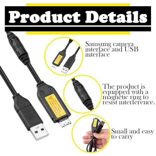 Samsung Camera USB Cable, 2-in-1 Data Sync and Fast Charging Lead for ES ST PL WB Series, Compatible with ES55 ES65 PL120 WB550, Stable Transfer for Travel Home Use (Black 1 Pc) — view 3