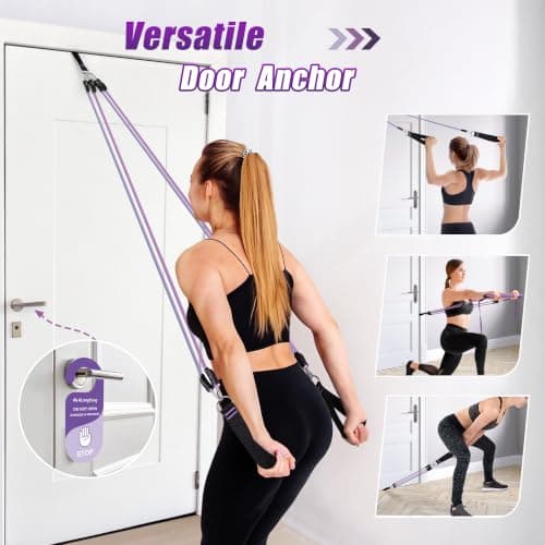 ALongSong Pilates Equipment Pilates Reformer Bar Set With 6 Elastic Resistance Bands 20-180LBS & Door Anchor for Full-Body Fitness Toning & Muscle Building | Home Workout/Gym/Travel-Purple — view 5