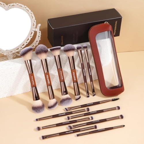 MAANGE13Pcs Makeup Brushes with Case, Professional Vegan Makeup Brush Set for Foundation, Powder, Eyeshadow, Dual-Ended Face Brushes, Coffee Gold — view 2