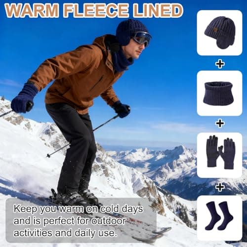 wokdsbl 4Pcs Mens Hat Scarf Gloves Set with Socks Navy Blue — view 6