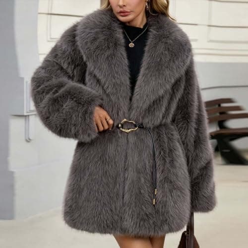 Dark Gray Womens Faux Fur Coat Lapel Belted Warm Winter Jacket XXL — view 5