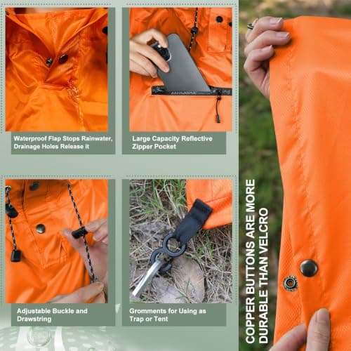 Andake Rain Poncho Lightweight Raincoat Unisex Rain Jacket with Waterproof Hood for Camping, Hiking, Outdoor Activities (Orange) — view 5