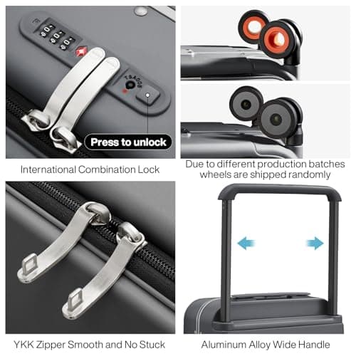 mixi Checked Luggage Wide Handle Suitcase,Front Opening PC Hard Shell Travel Case with Aluminium Frame,Quiet Spinner Wheels,Laptop Compartment,TSA Lock,with Cover,20 inch Rock Grey — view 5