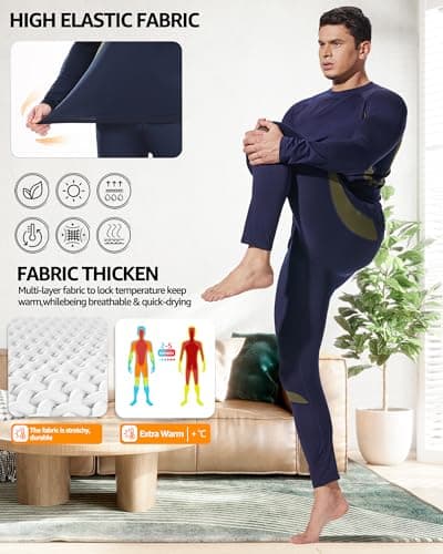 UNIQUEBELLA Thermal Underwear Men Set Long Sleeve Tops Long Johns Thermal Base Layer Bottom Fleece Lined Quick Drying for Workout Skiing Running Hiking, Blue 1, L — view 4