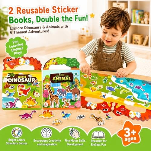 Dubydu Reusable Sticker Book for Kids 2-6, Puffy Sticker Books with Animals & Dinosaurs Themes, Kids Sticker Books Activity Set, Toddler Sticker Book Travel Toy Gifts for Boys Girls — view 2