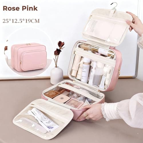 Yuexitech Travel Hanging Toiletry Bag, Large Waterproof Wash Bag with Multiple Compartments, Hanging PU Leather Makeup Bags for Women, Cosmetic Travel Wash Bags, Rose Pink — view 3