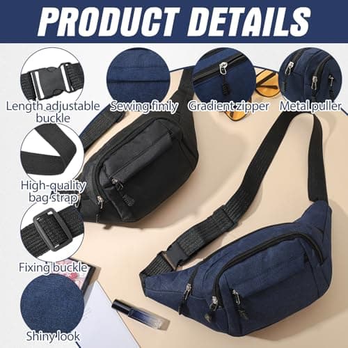 Meng Jiaran 2 Pack Bum Bag Bumbag for Men Women 4 Zip Pockets, Black, Blue — view 2