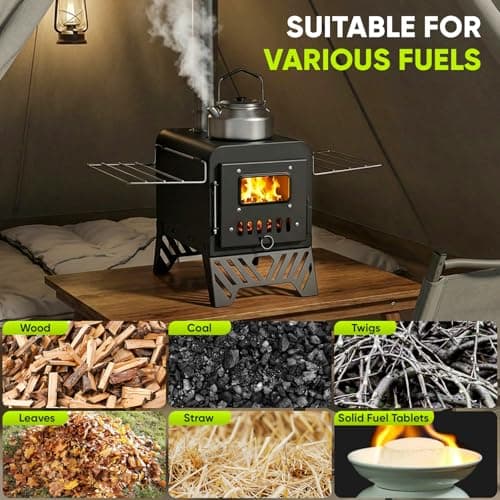 Foldable Hot Tent Stove with 5 Chimney Pipes, Viewing Window, Gloves & Poker - Portable Carbon Steel Wood Burning Camping Stove for Outdoor Cooking and Heating (20x30cm Folded) — view 6