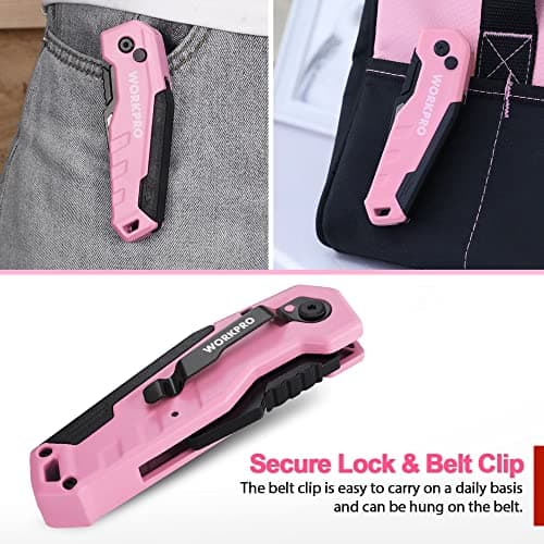 WORKPRO Folding Utility Knife, Aluminium Box Cutter, Pink — view 5