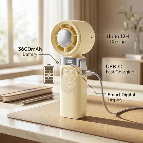 Ventox Rechargeable Handheld Fan, Yellow, 3600mAh Battery Up to 12H Cooling Mini Portable Fan with Lanyard, Digital Display, C Type USB Hand Held Fans 100 Speeds, 135° Adjustable Angle Airflow — view 3