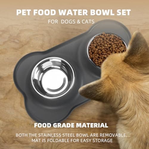 PET'S HUB Pet Feeding Bowl Set, Double Bowls with Silicone Mat Tray for Cats, Puppies, and Small Dogs. (Grey, Small) — view 2