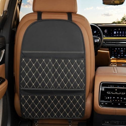 Minifactory 2Pcs Car Seat Back Anti Kick Mat PU Leather Waterproof Backrest Protector Pad with Storage Pockets Kick-Resistant Automotive Interior Accessories Universal Black (Gold Checkered Pattern) — view 5