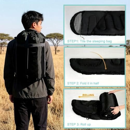 Sleeping Bag Ultralight Adult Compact Hooded Blanket, for 3-4 Seasons, 210cm x 75cm Small Packed Size, Water-resistant, Polyester, Thick and Warm, Snap Closure for Outdoor Camp Hike Travel (Black) — view 4