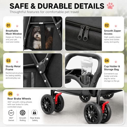 GiHaood Dog Pram for Medium Dogs (20kg), 4 Wheel Foldable Pet Pushchair — view 4