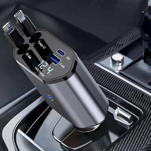 Chakoos Retractable Car Charger 120W, 4 in 1 Fast Car Phone Charger with Dual Retractable Cables (Lightning & USB-C), 12V/24V Multi Port Car Adapter with Voltage Display for iPhone, Android — view 2